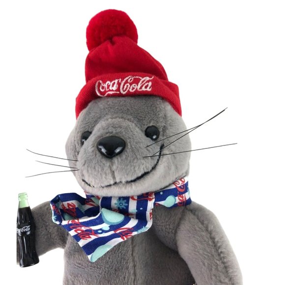 Coca-Cola 1999 Bean Bag Plush Seal in Striped Scarf & Knit Cap Coke - Picture 5 of 11